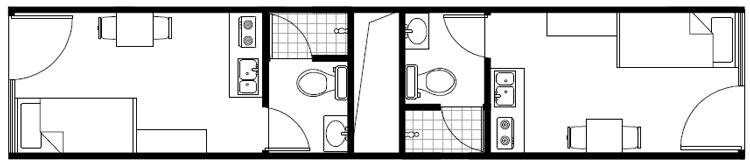 雙側(cè)外走廊兩獨立單人間室內(nèi)布局,集裝箱房屋,集裝箱活動房,住人集裝箱,集裝箱住宅,集裝箱建筑
