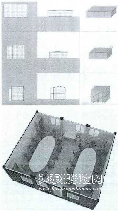 三個(gè)集裝箱合并形成的一個(gè)大的辦公空間