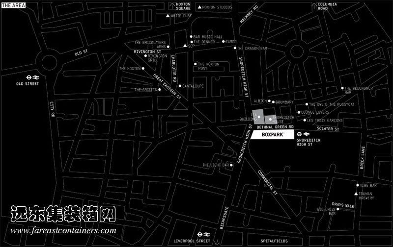 BOXPARK shoreditch 盒子公園集裝箱購(gòu)物中心的地理位置